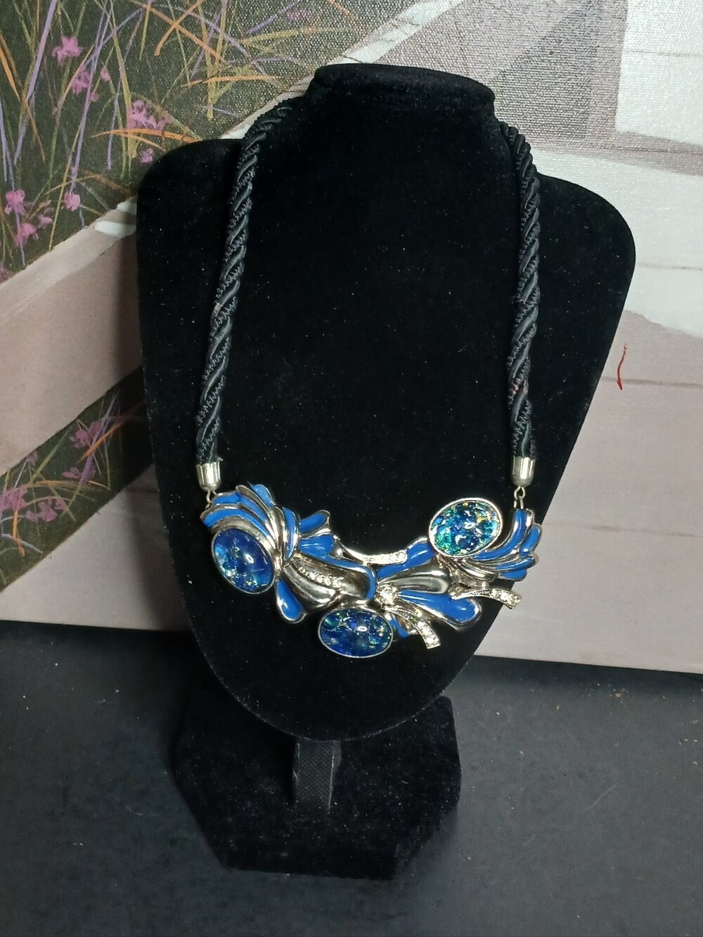 Blue Floral Statement Necklace - Bold Resin Pendant